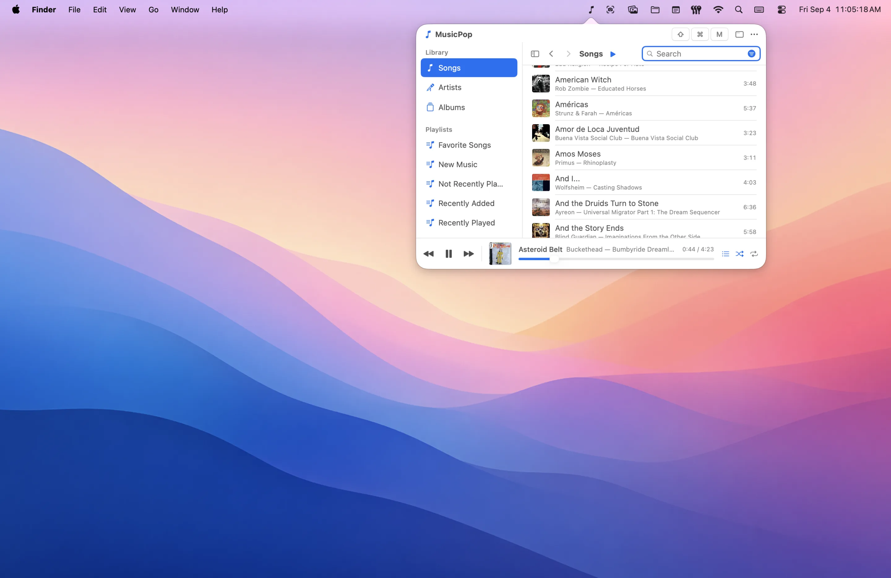 MusicPop's menu bar popover showing the Songs list with artwork, a track playing in the transport along the bottom