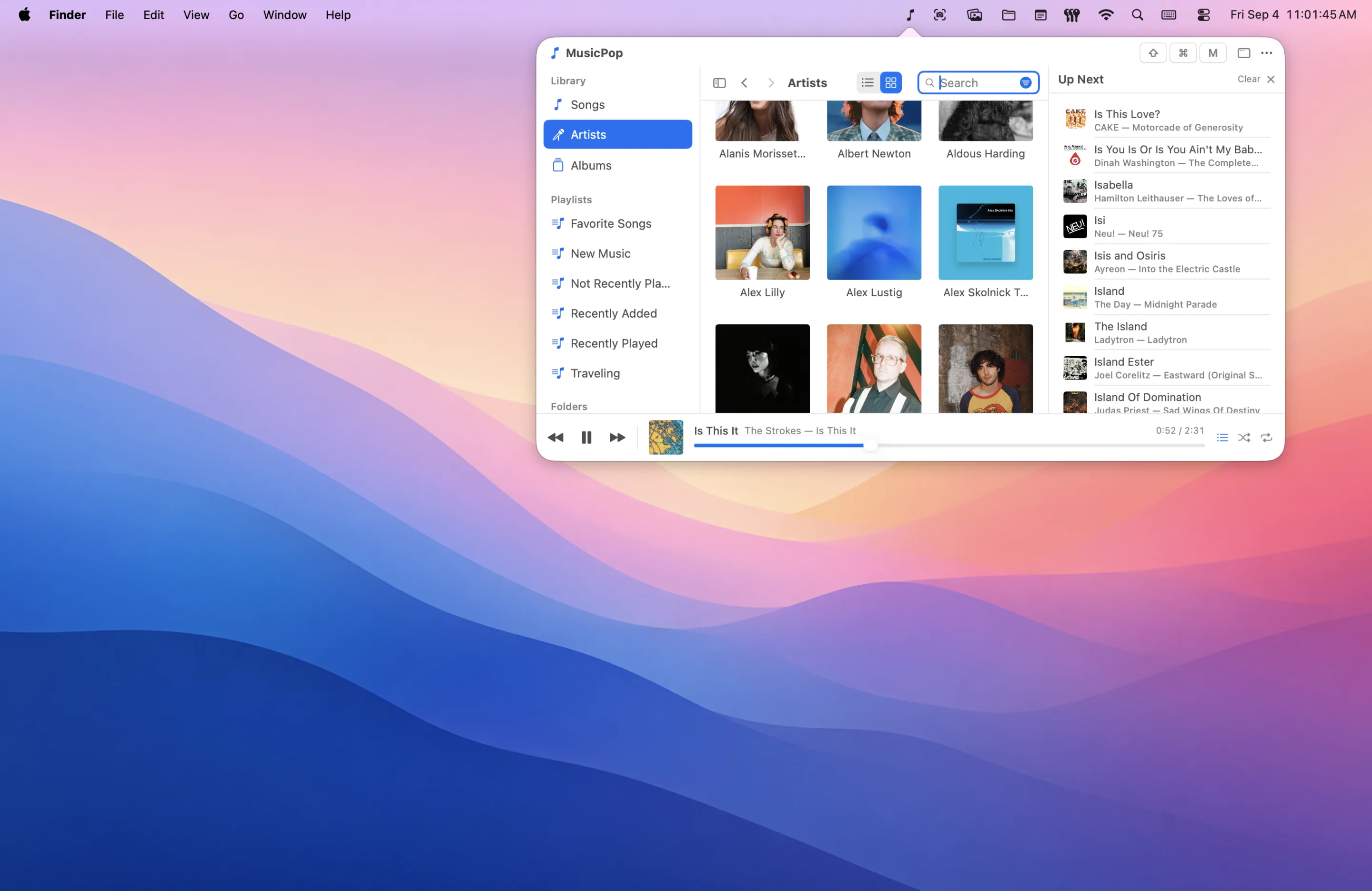 The Artists grid in the popover, with the Up Next queue open alongside it