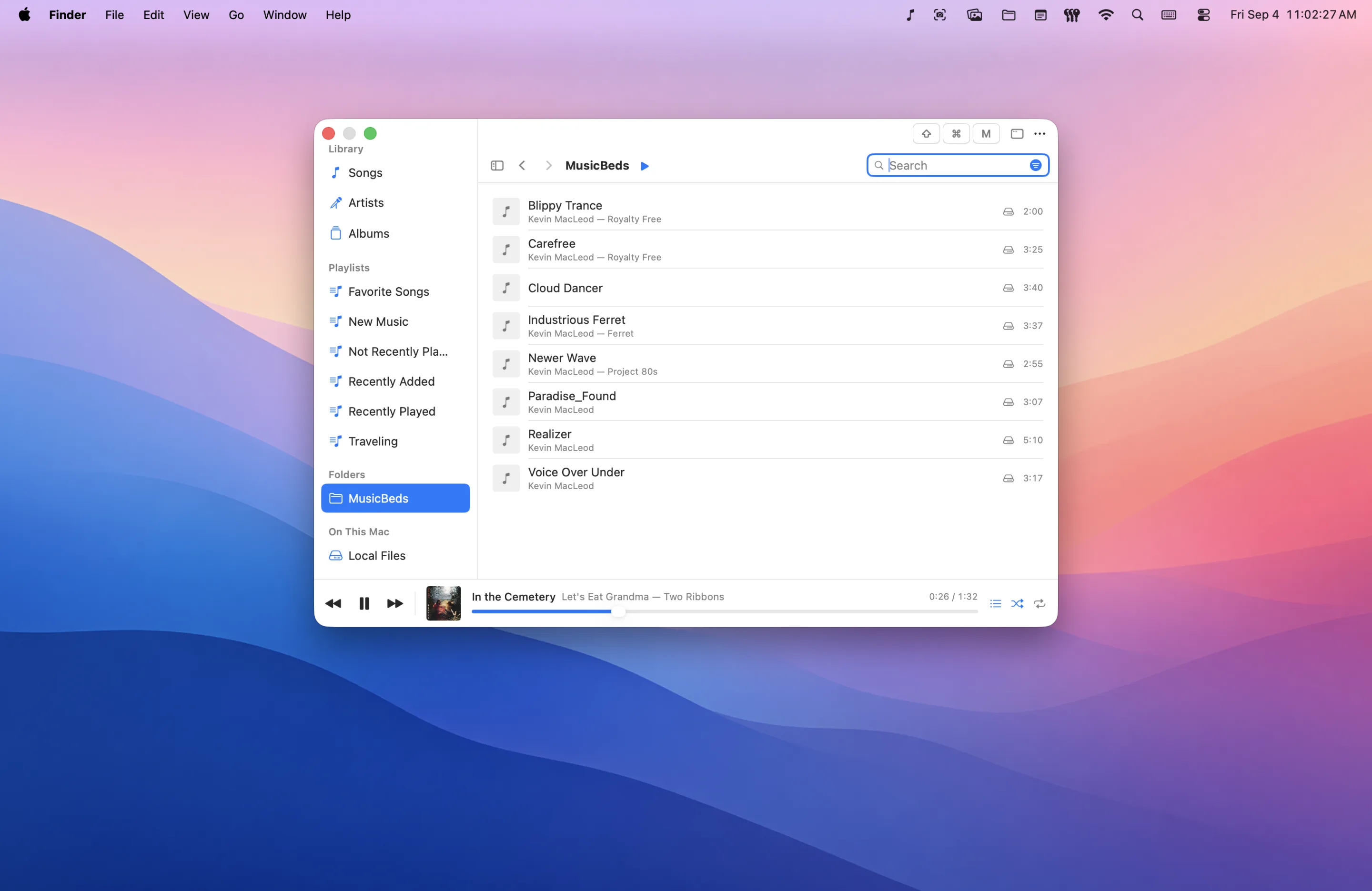 MusicPop as a floating window, browsing a pinned folder of music files that aren't in the Music library