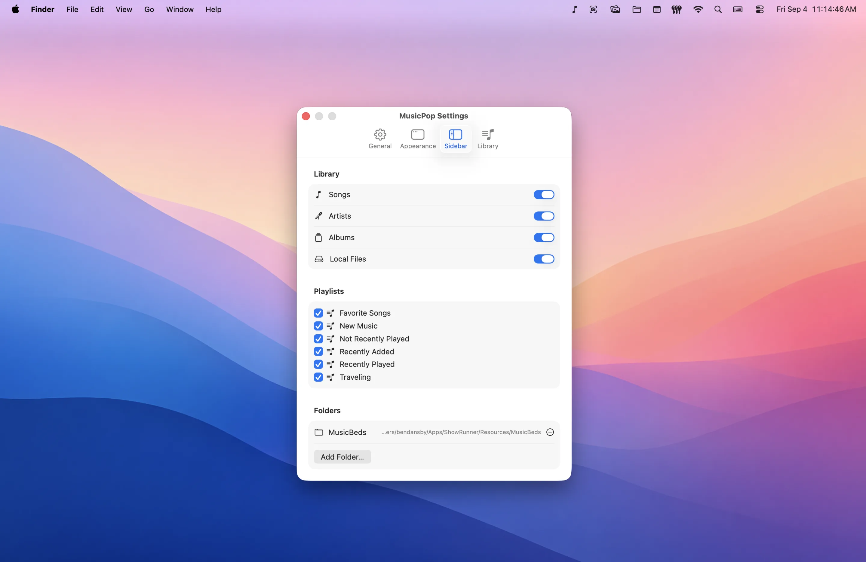 MusicPop's Sidebar settings, choosing which library sections and playlists appear and which folders are pinned