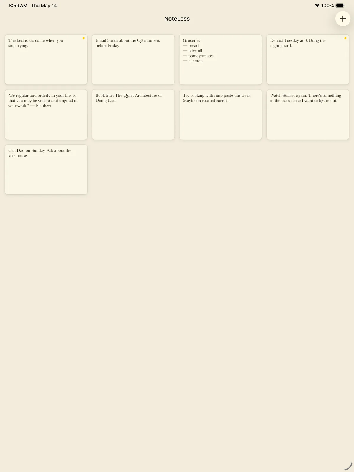 NoteLess on iPad — a grid of past cards, including a groceries list, a reminder, and a quote