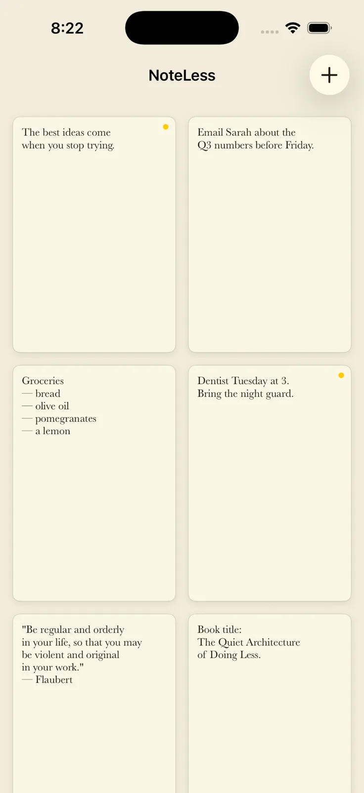 NoteLess on iPhone — the same grid of past cards, two columns wide