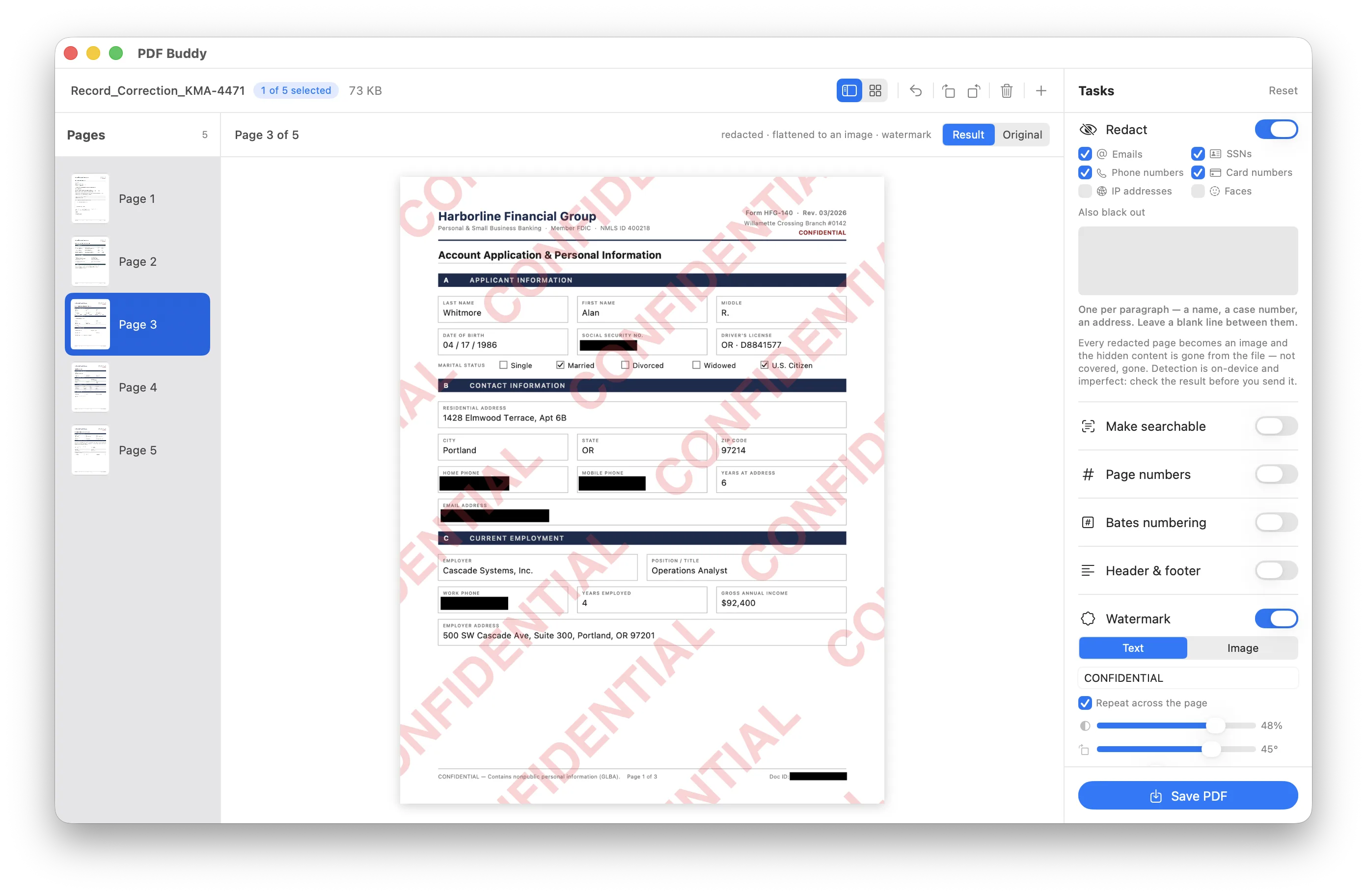 PDF Buddy redacting a filled application form: black bars over the personal details, a tiled CONFIDENTIAL watermark, and the task list alongside