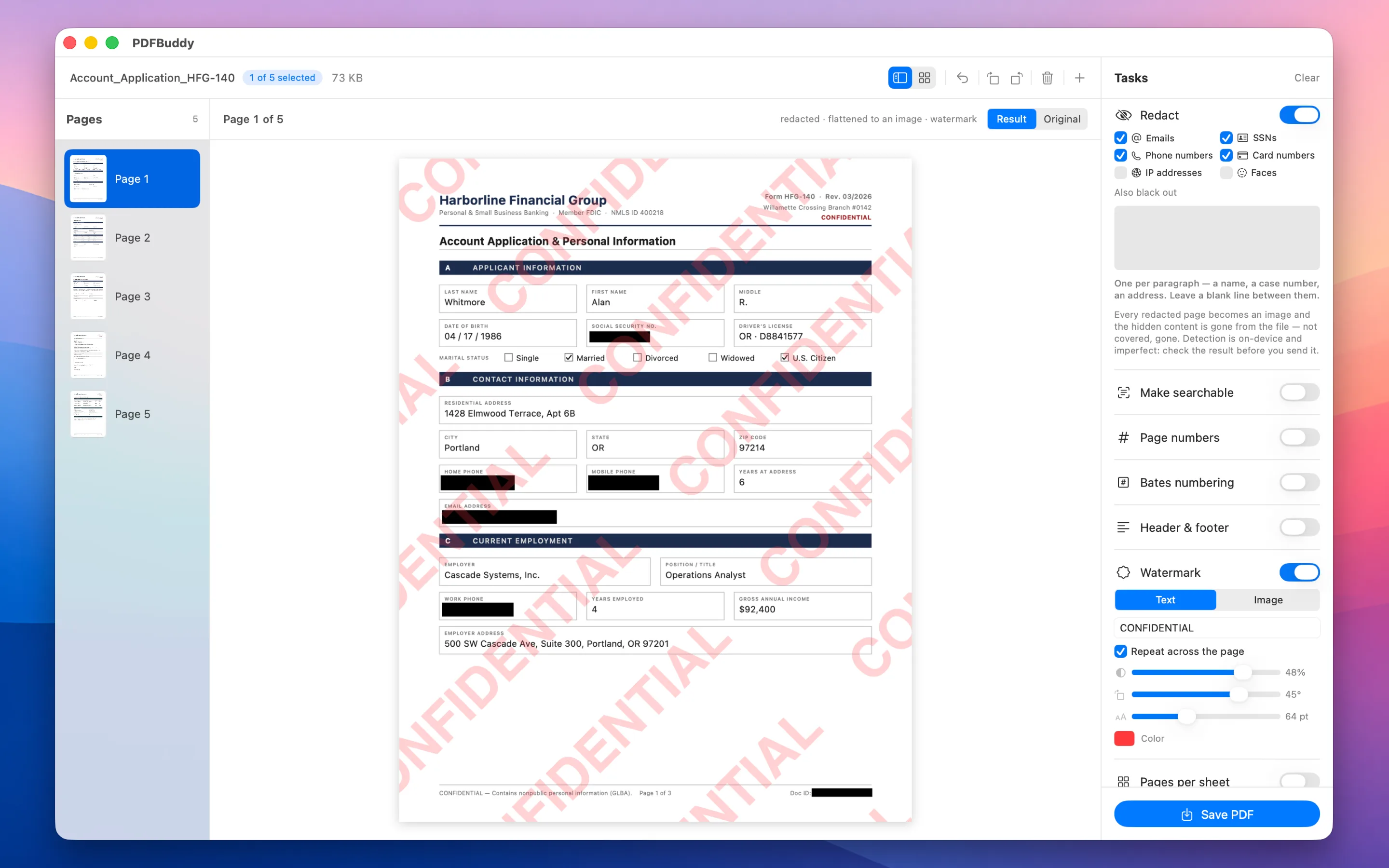 A bank account application open in Pages view with Redact and Watermark on: black bars cover the social security number, both phone numbers and the email address, a tiled CONFIDENTIAL watermark runs across the page, and the sidebar shows which kinds are being detected