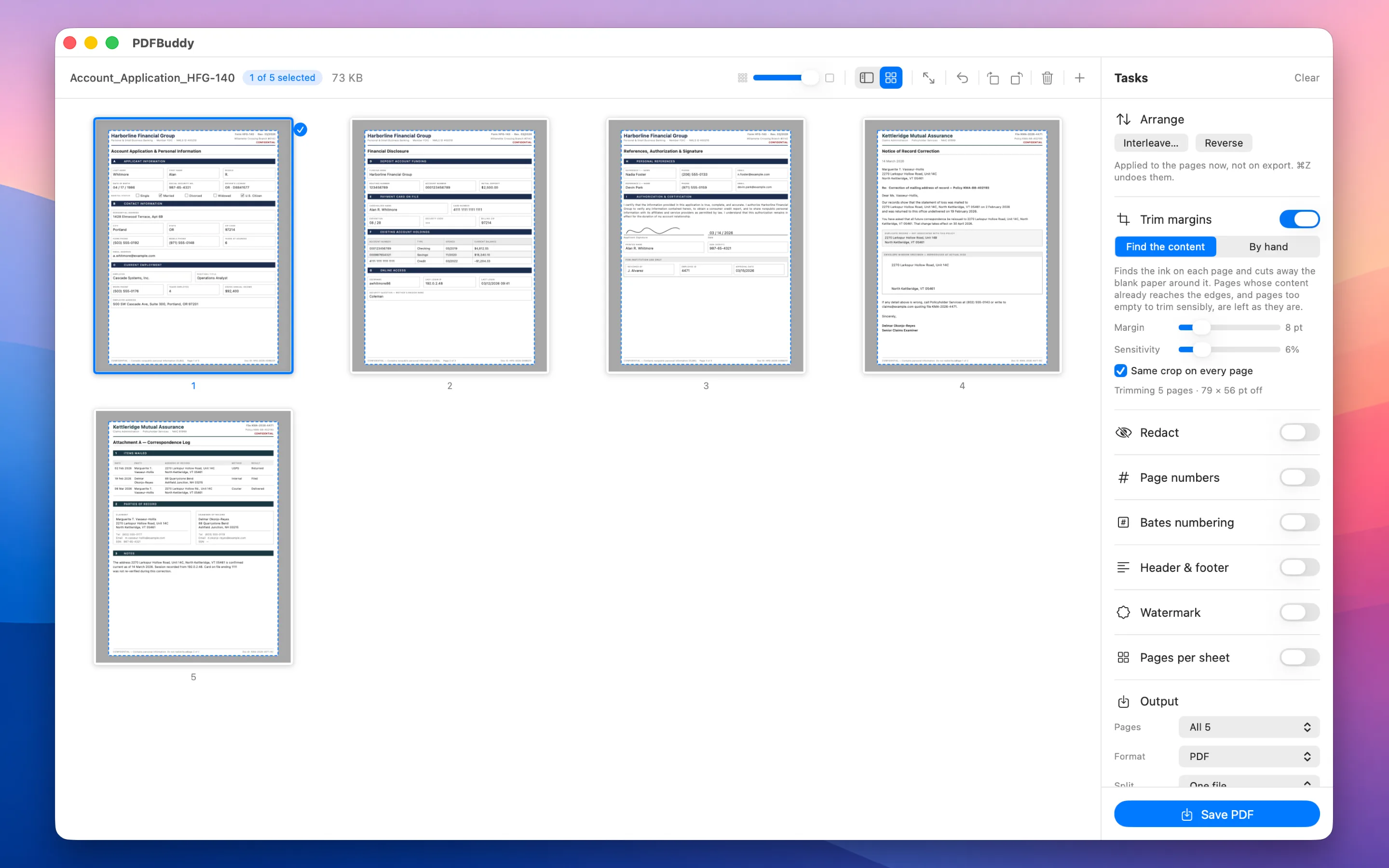 The page grid showing five pages of a merged document with Trim margins on: every thumbnail dims the margin about to be discarded and outlines the region being kept, and the sidebar reports “Trimming 5 pages · 79 × 56 pt off”