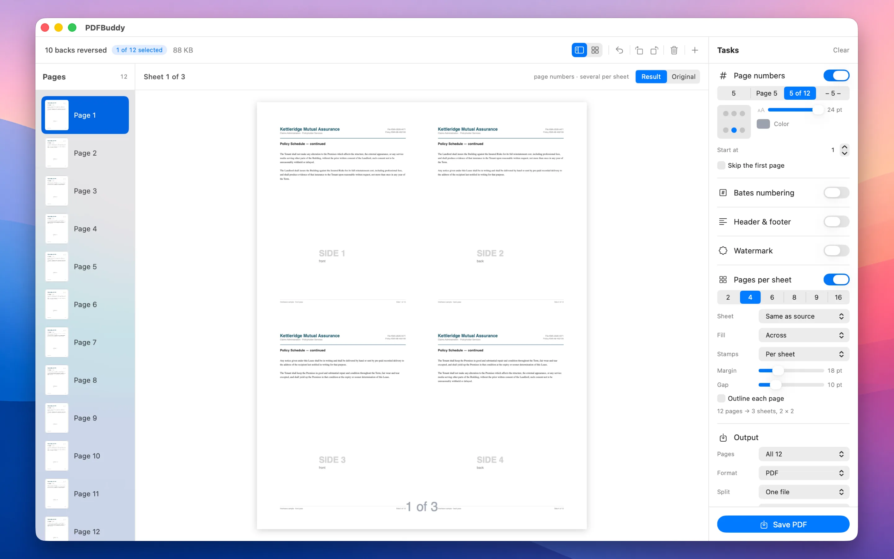 Pages view with the Result tab showing a finished sheet: four policy pages placed two by two, a page number stamped on the sheet, and the Pages per sheet controls beside it