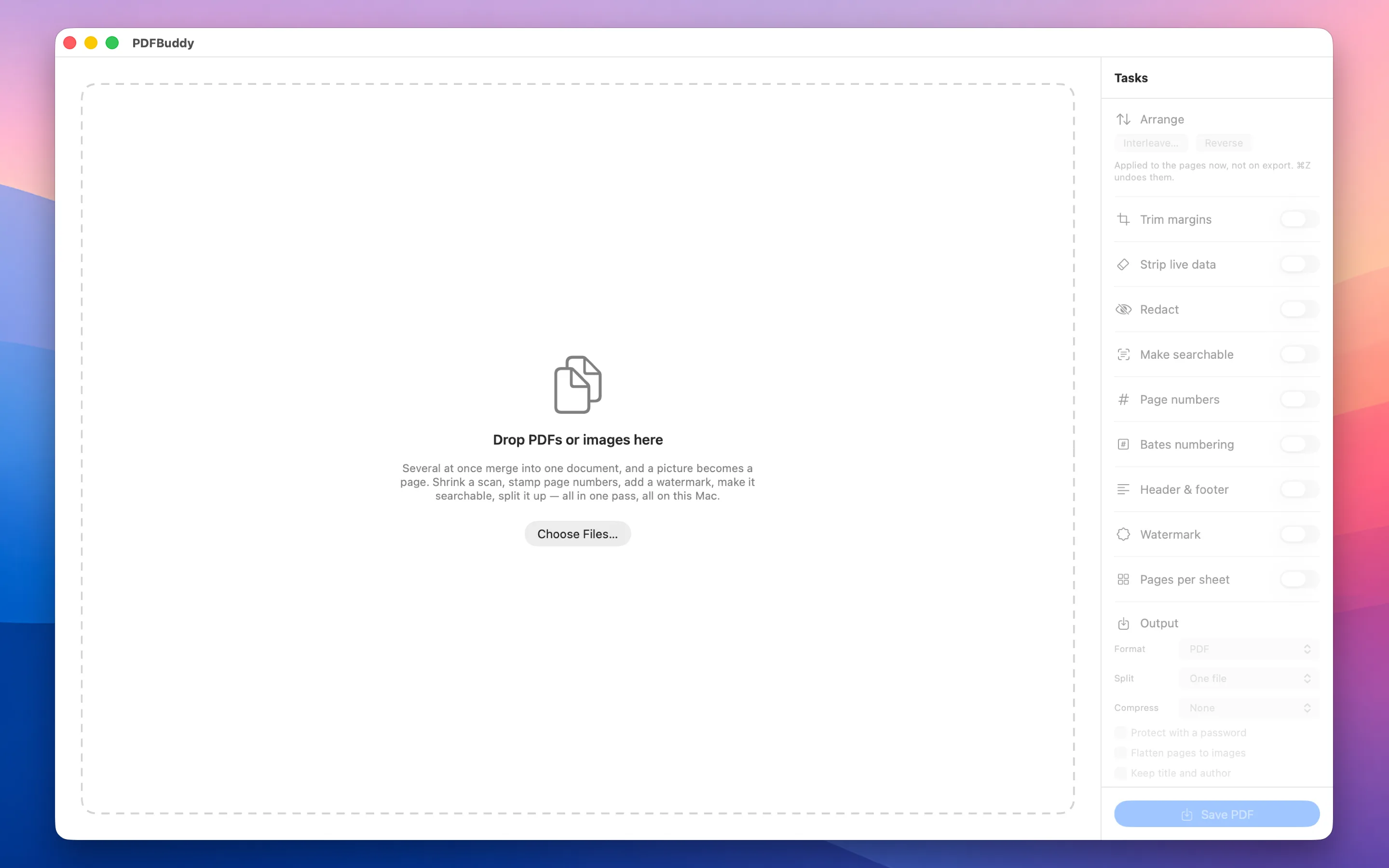 PDF Buddy with nothing open: a drop zone reading “Drop PDFs or images here” beside the full list of tasks, dimmed until a document arrives