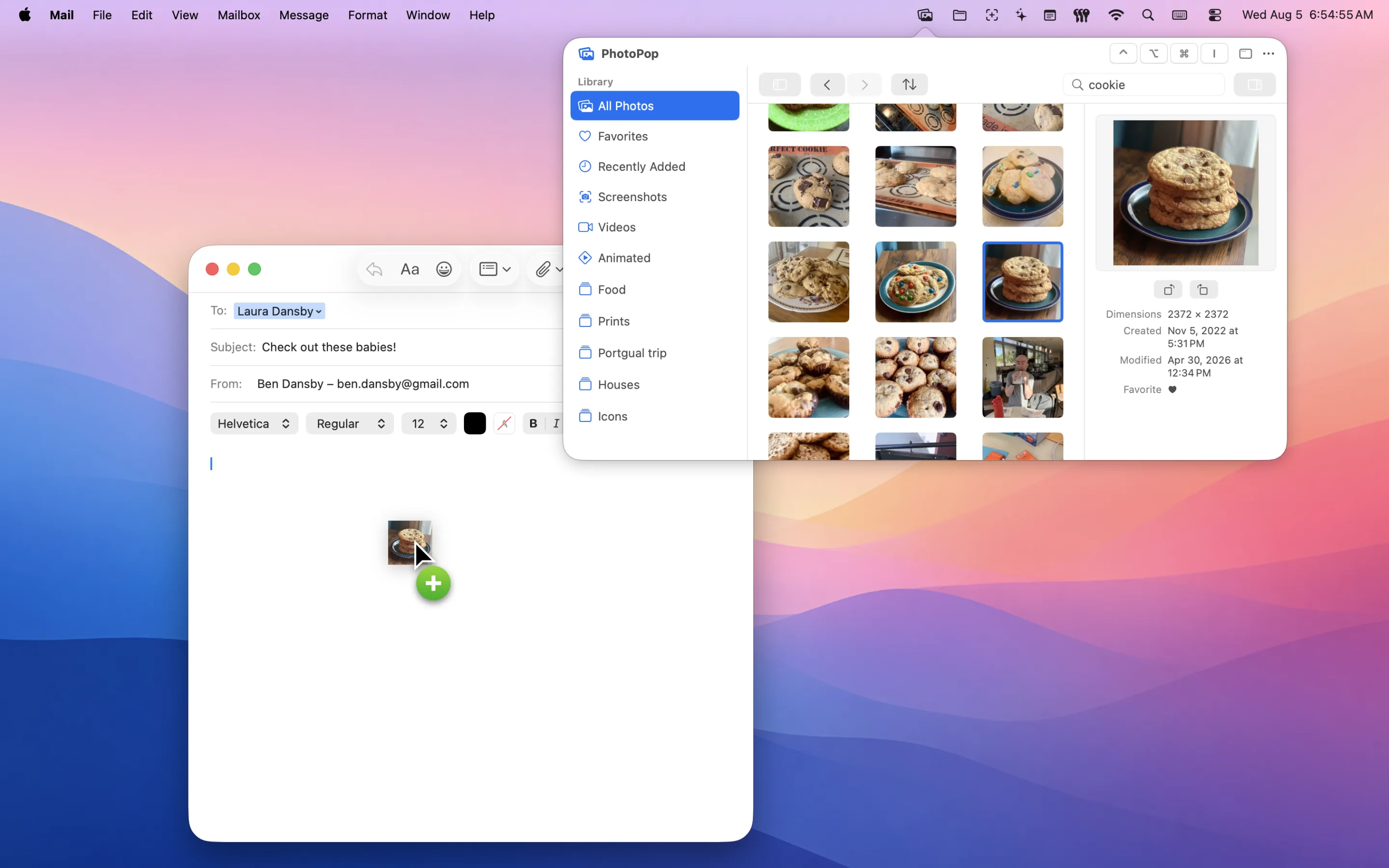 Searching PhotoPop's library for “cookie” and dragging a matching photo into a Mail message, with the inspector showing the photo's details