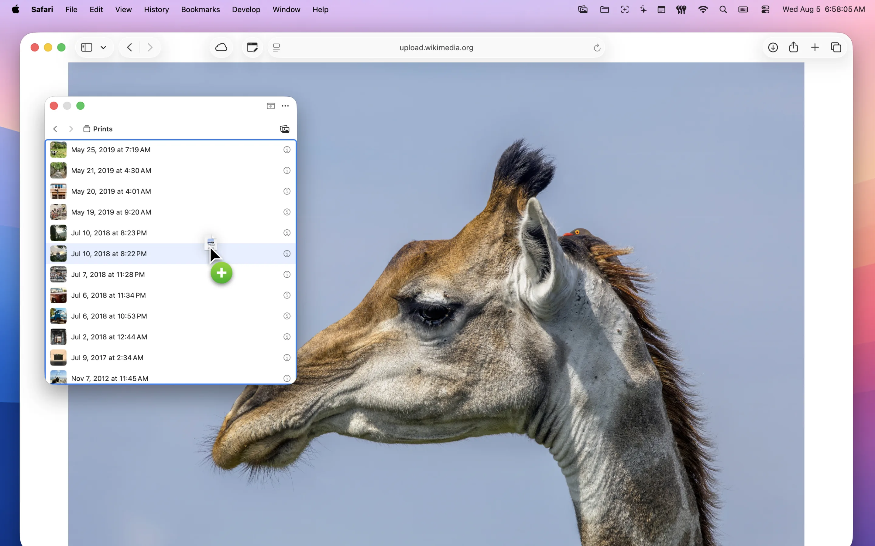 PhotoPop's compact list layout, dragging a photo out onto a web page in Safari