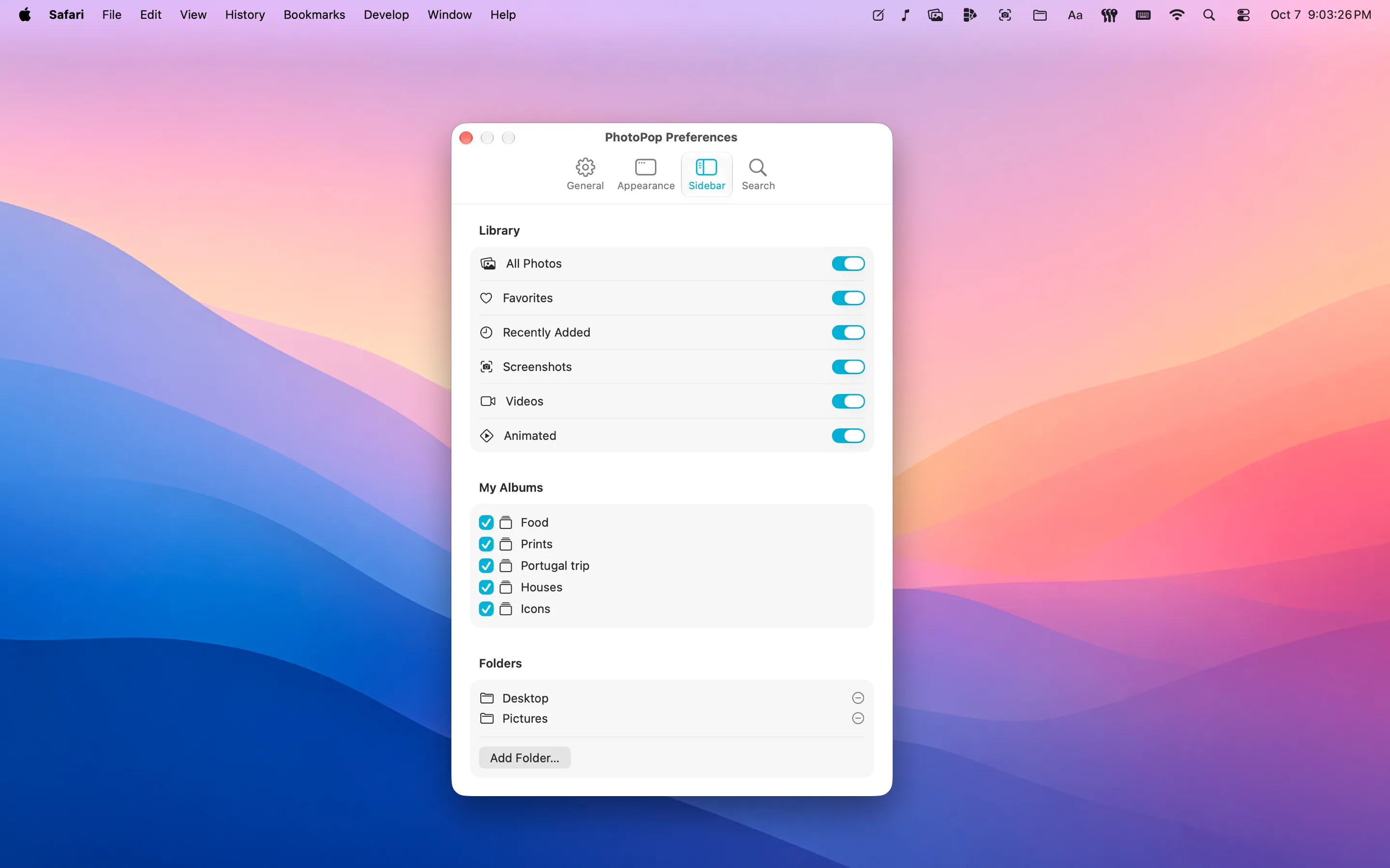 PhotoPop's Sidebar preferences, choosing which library rows, albums and pinned folders the sidebar shows