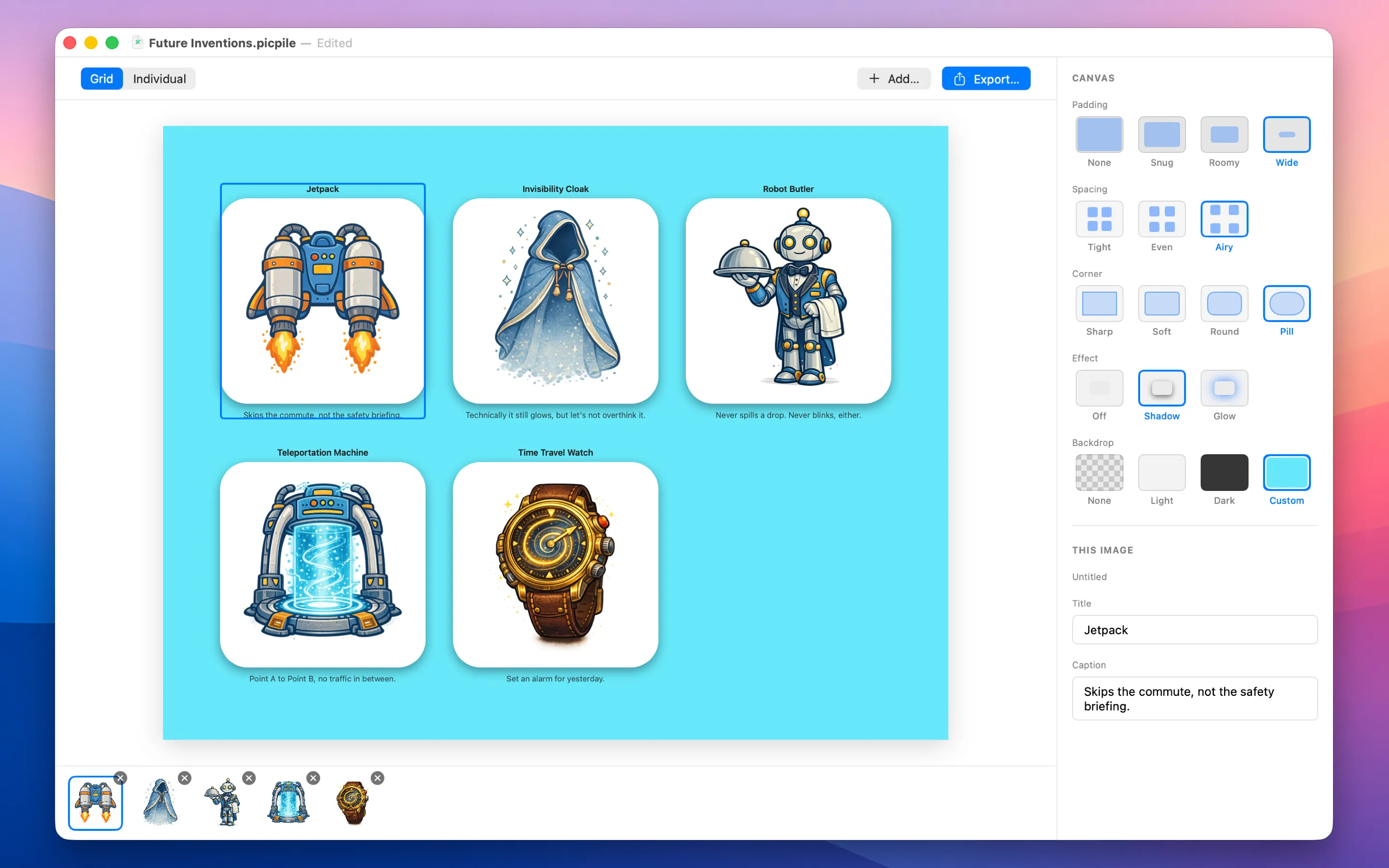 PicPile compositing several images into one styled grid on a soft backdrop