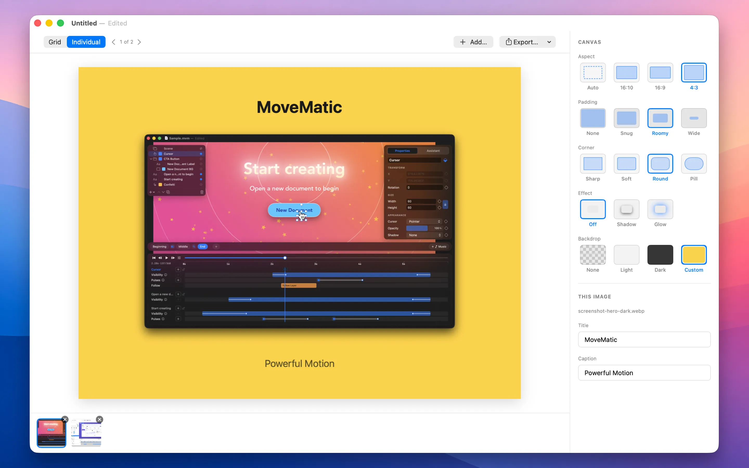 PicPile’s inspector — padding, spacing, corners, effect, backdrop, and per-image text