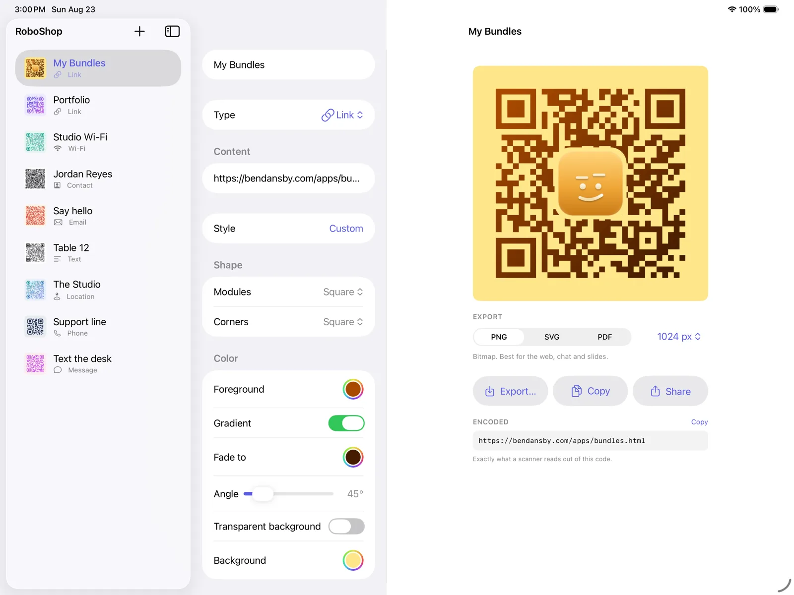 RoboShop on iPad — the library sidebar beside a styled gradient QR code with a logo, plus PNG/SVG/PDF export controls