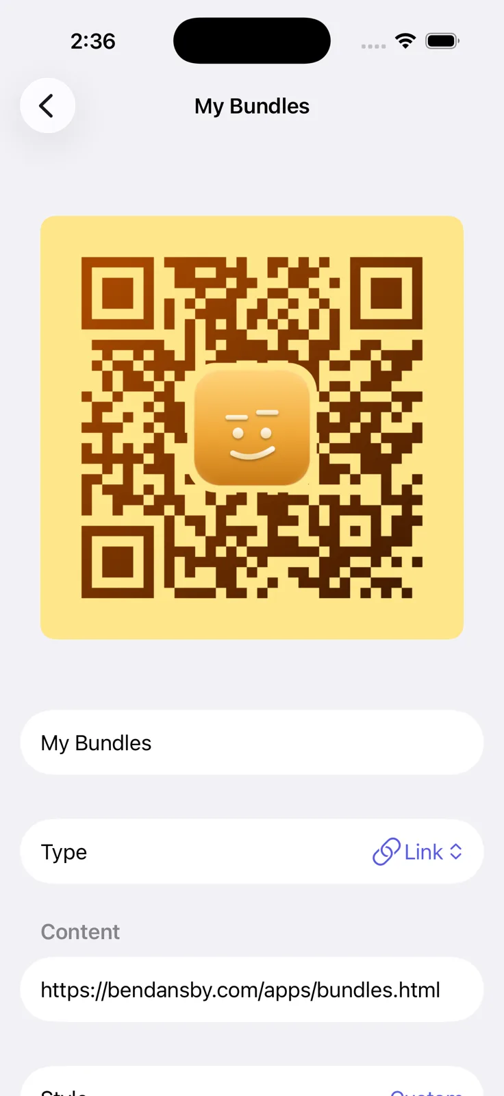 RoboShop on iPhone — editing a link code with a gradient fill and a logo in the middle