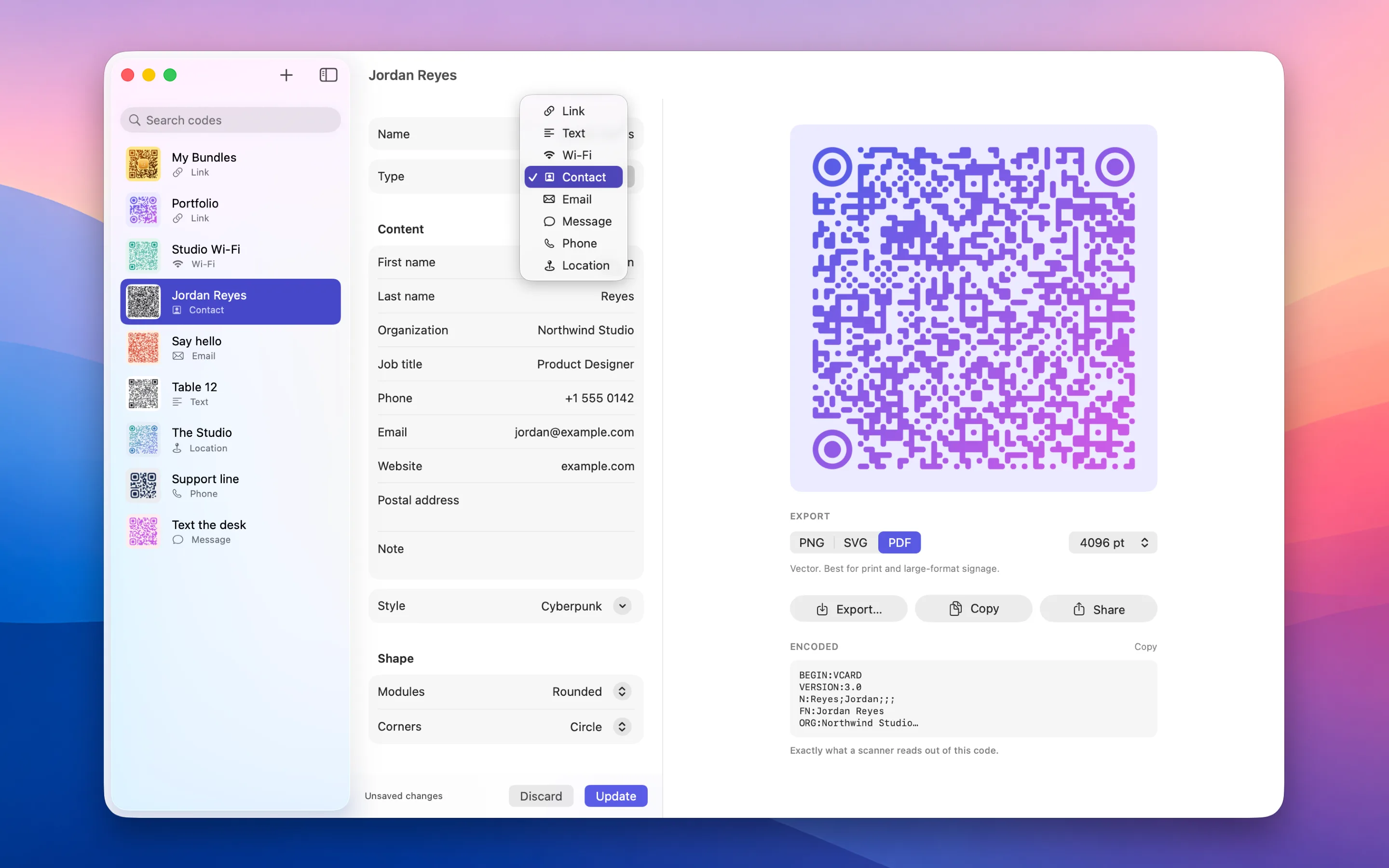 RoboShop building a contact card, with the type menu open and a rounded purple code exporting as PDF