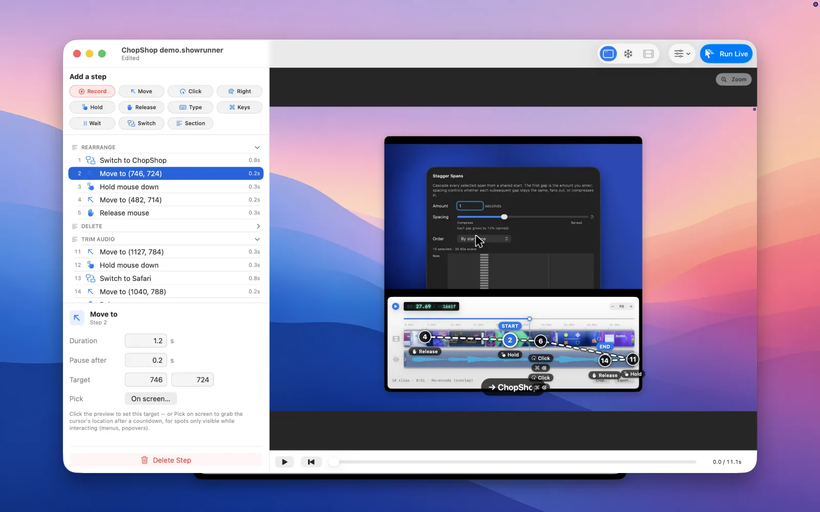 The ShowRunner editor — step list, inspector, and the flow overlay on the preview