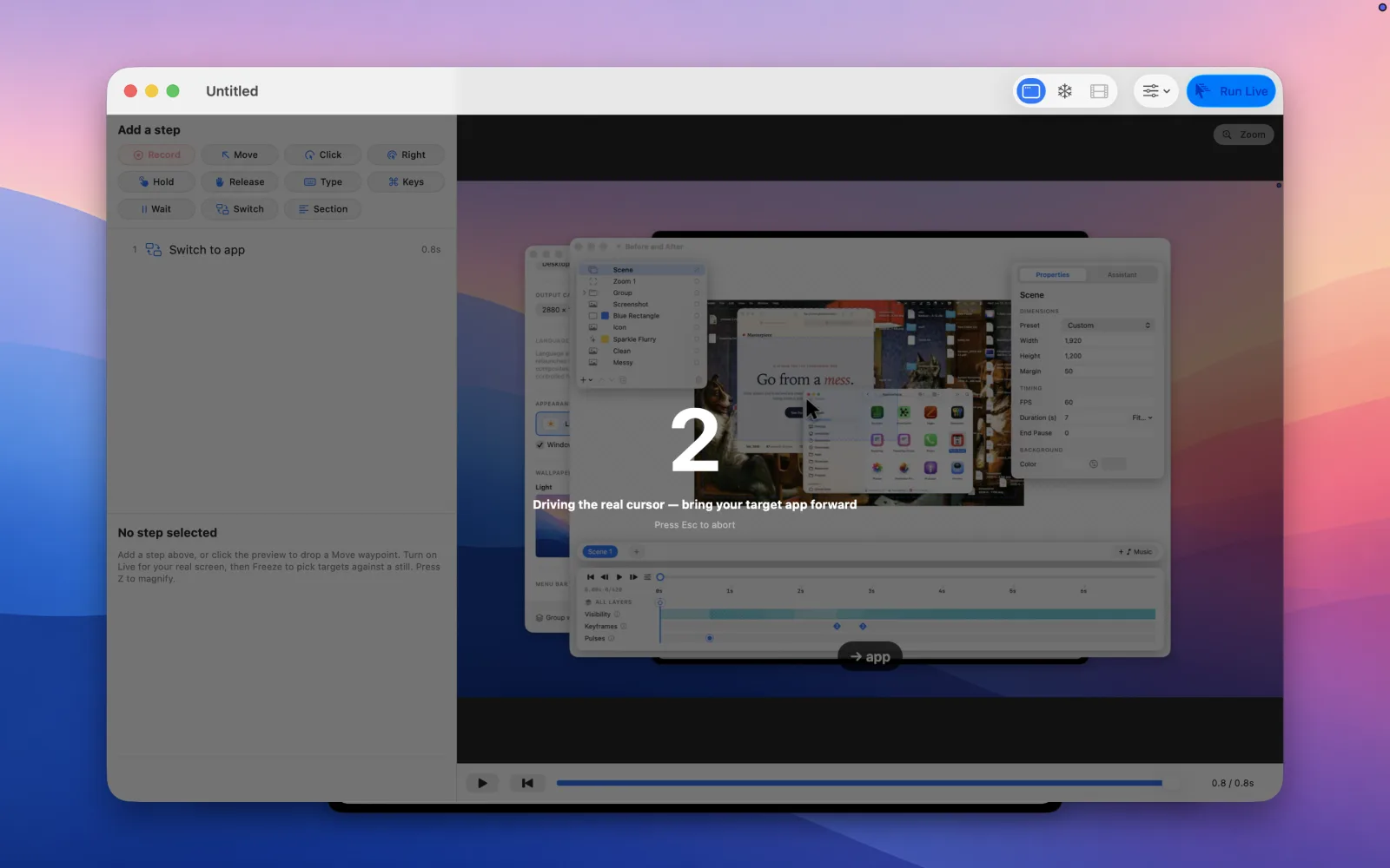 A live run driving the real cursor and switching apps