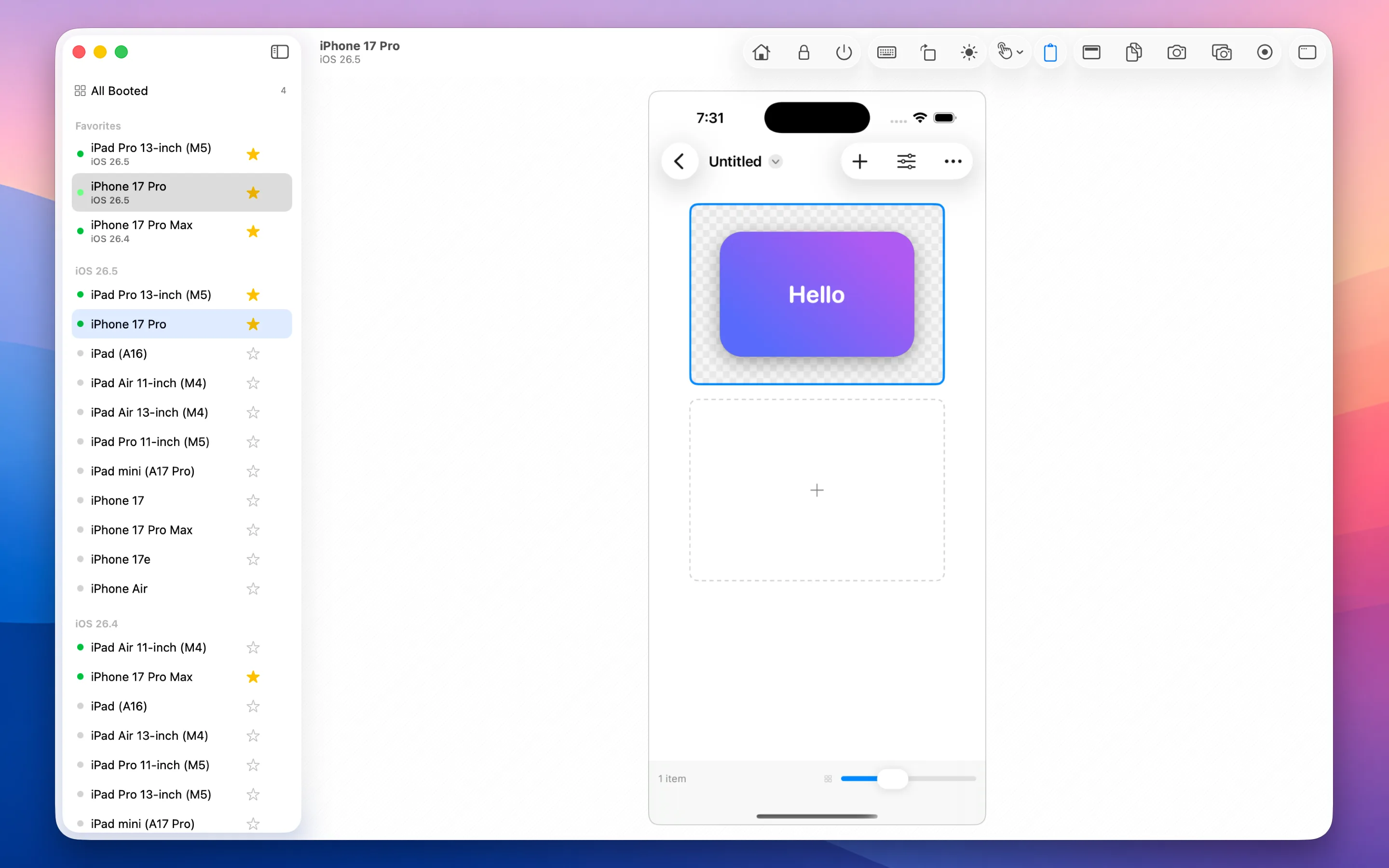 SimFriend's window: the device sidebar with favourites and runtimes on the left, and a live iPhone screen rendered beside it