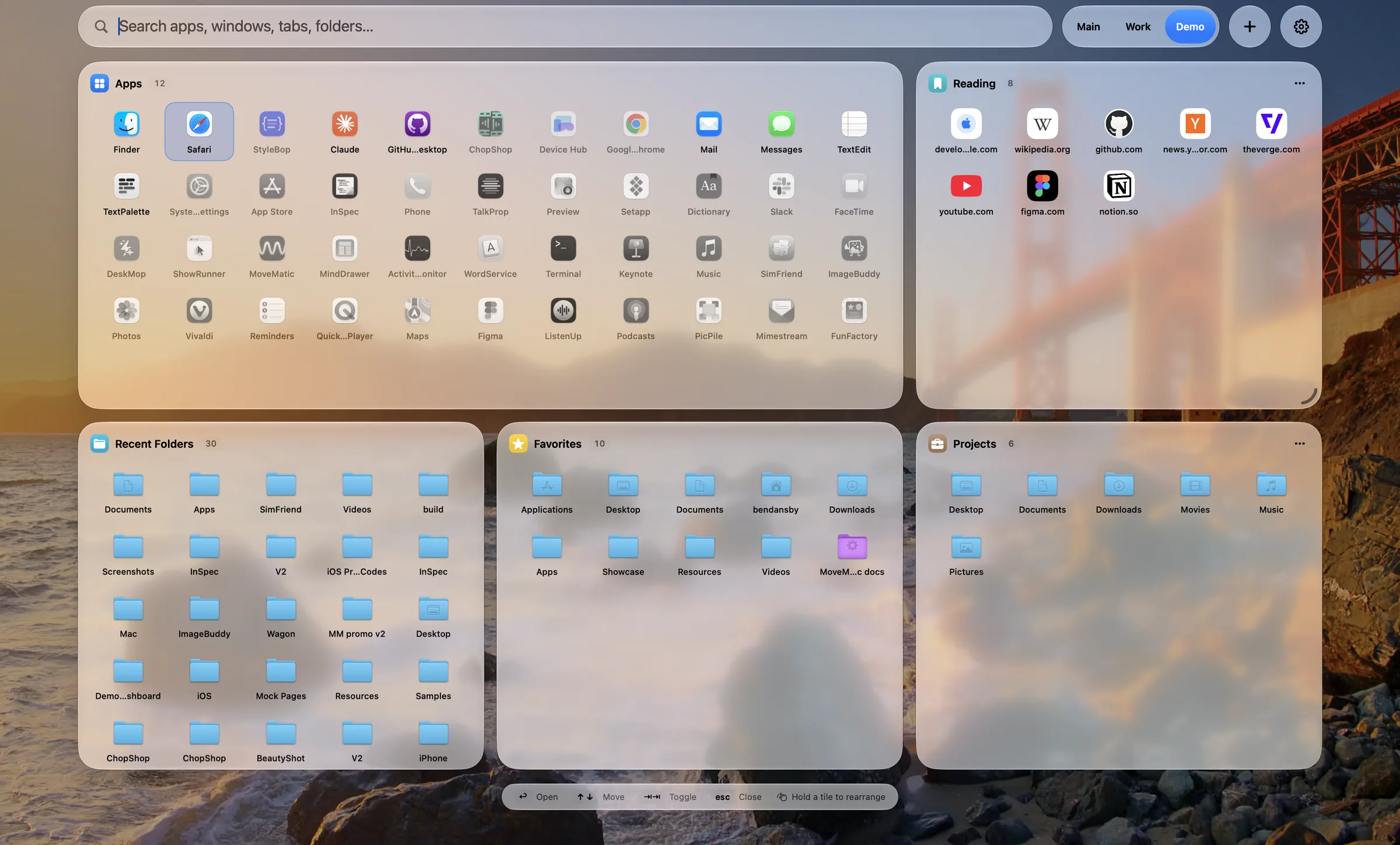 The EveryTile overlay over the desktop: an Apps tile of running apps followed by recent ones in gray, a Reading collection of site icons, Recent Folders, Finder favorites and a Projects collection, with Main, Work and Demo tile sets beside the search field