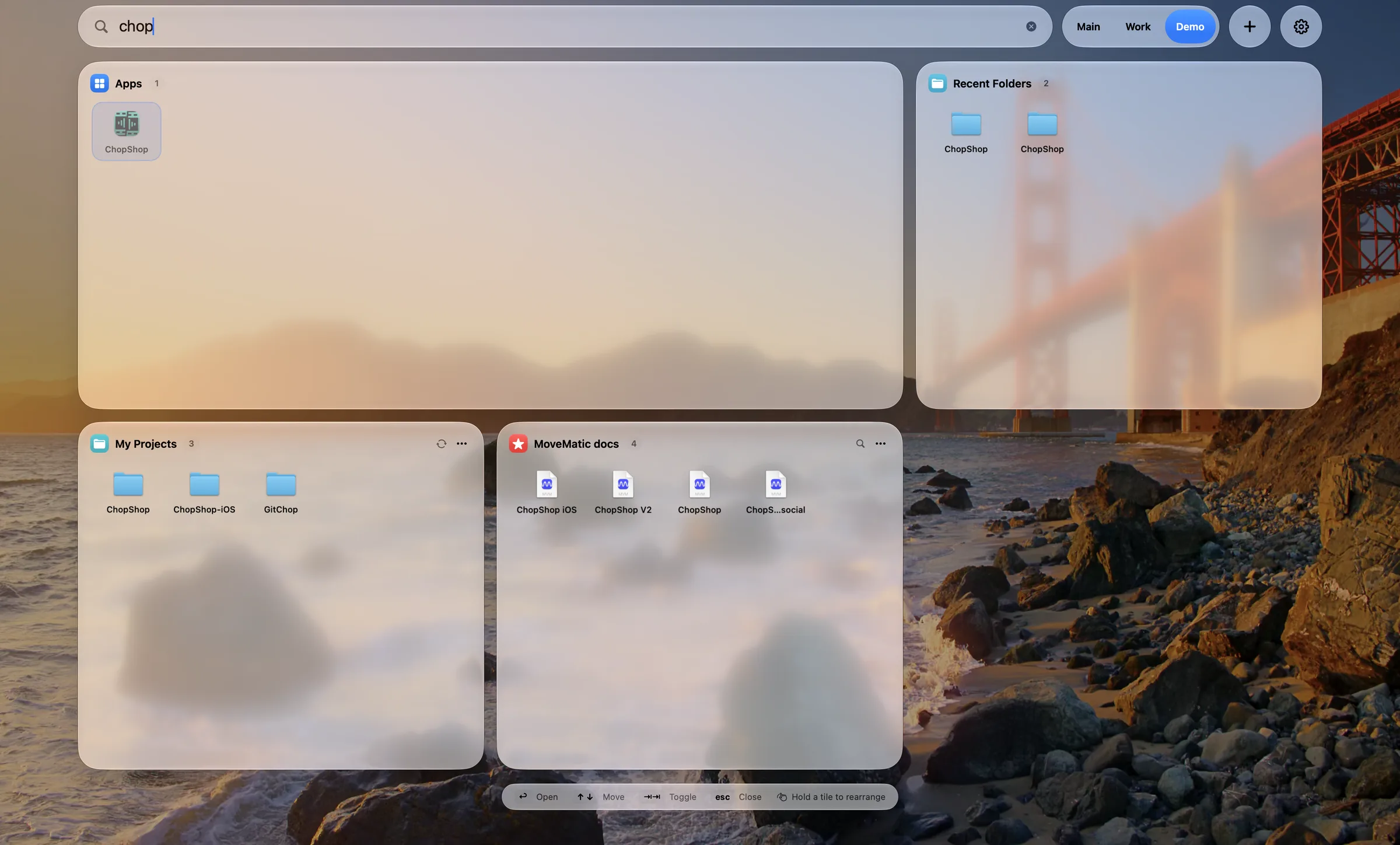 Typing “chop” filters every tile at once: the ChopShop app, two ChopShop folders under Recent Folders, a mirrored projects folder and a smart folder of documents
