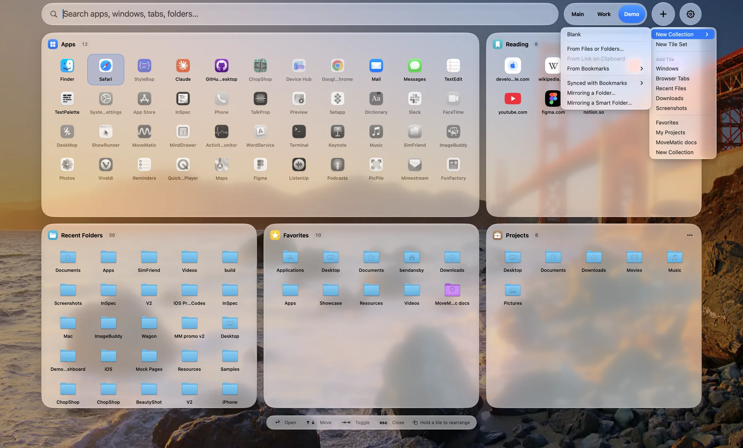 The plus menu: New Collection opens a submenu of ways to start one, from blank or files to a synced bookmarks folder, a mirrored folder or a smart folder, above a list of tiles to add to the current set