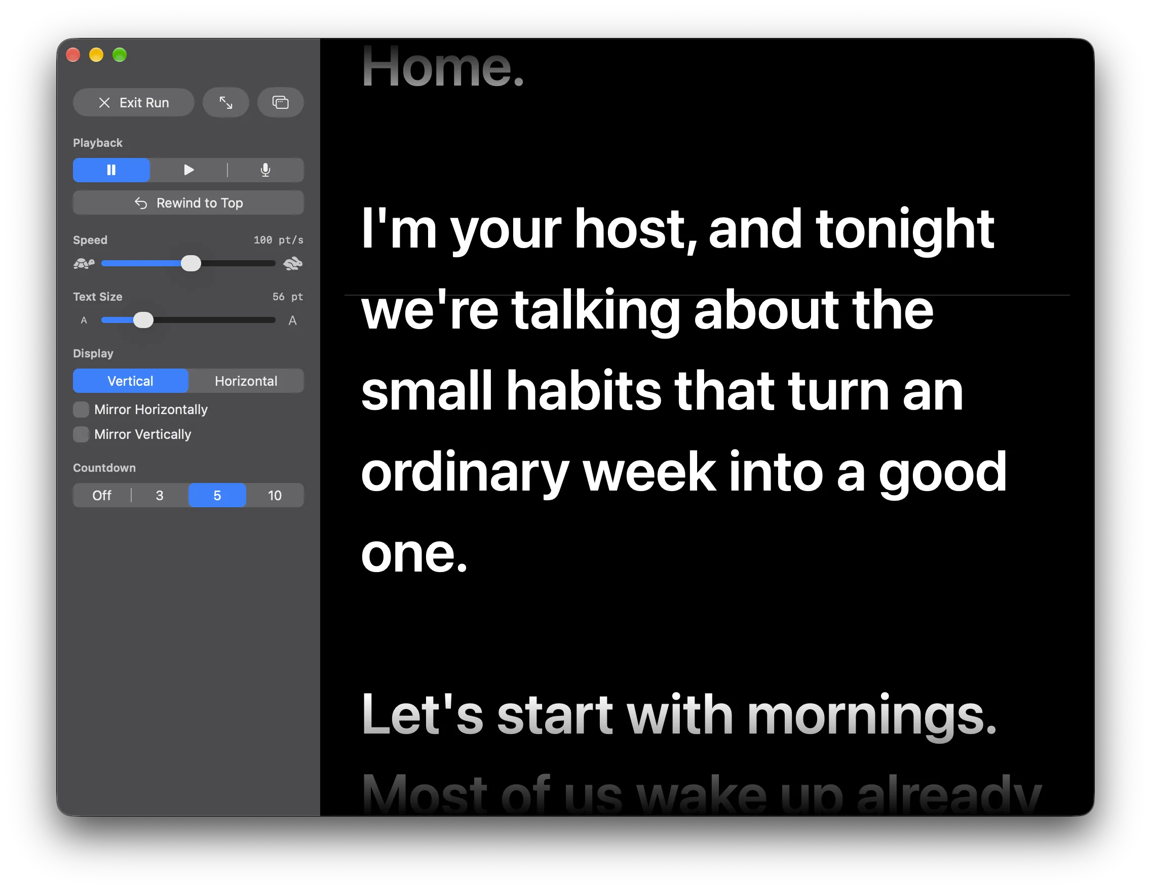 TalkProp's run window: the script rolling in large white text on black past a faint reading line, with the playback, speed, text size, display and countdown controls in a sidebar beside it