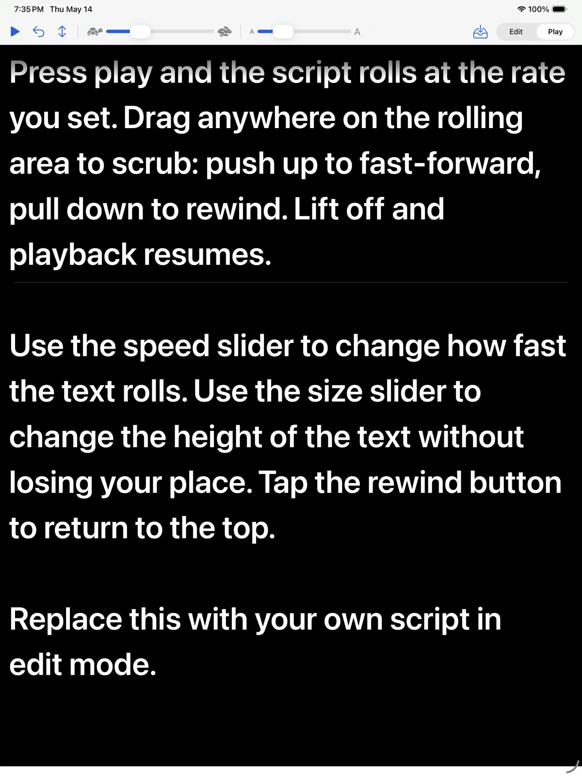TalkProp on iPad — rolling prompter text playing on a black screen, with the speed and size sliders in the toolbar