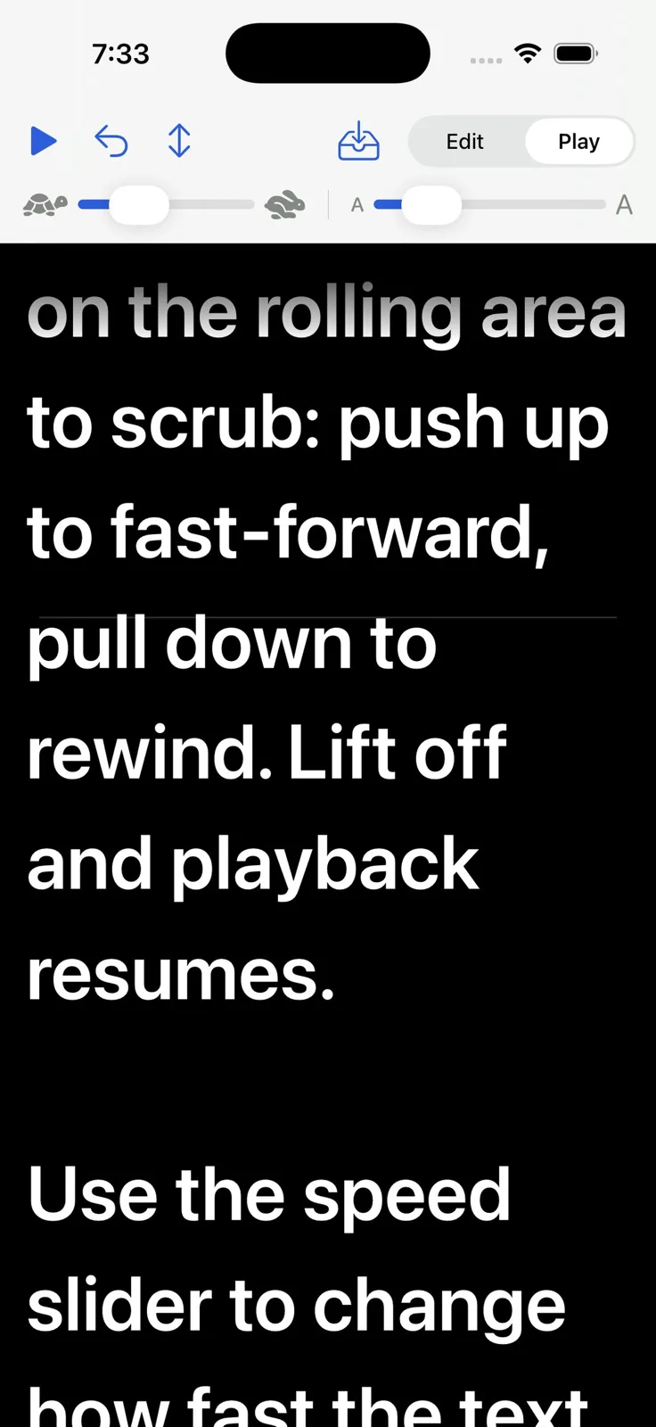 TalkProp on iPhone — rolling prompter text playing on a black screen