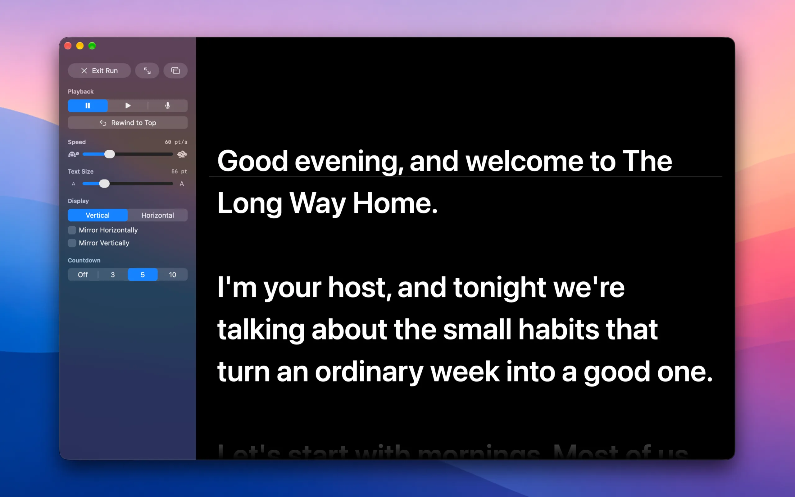 TalkProp's run window: the script rolling in large white text on black past a faint reading line, with the playback, speed, text size, display and countdown controls in a sidebar beside it