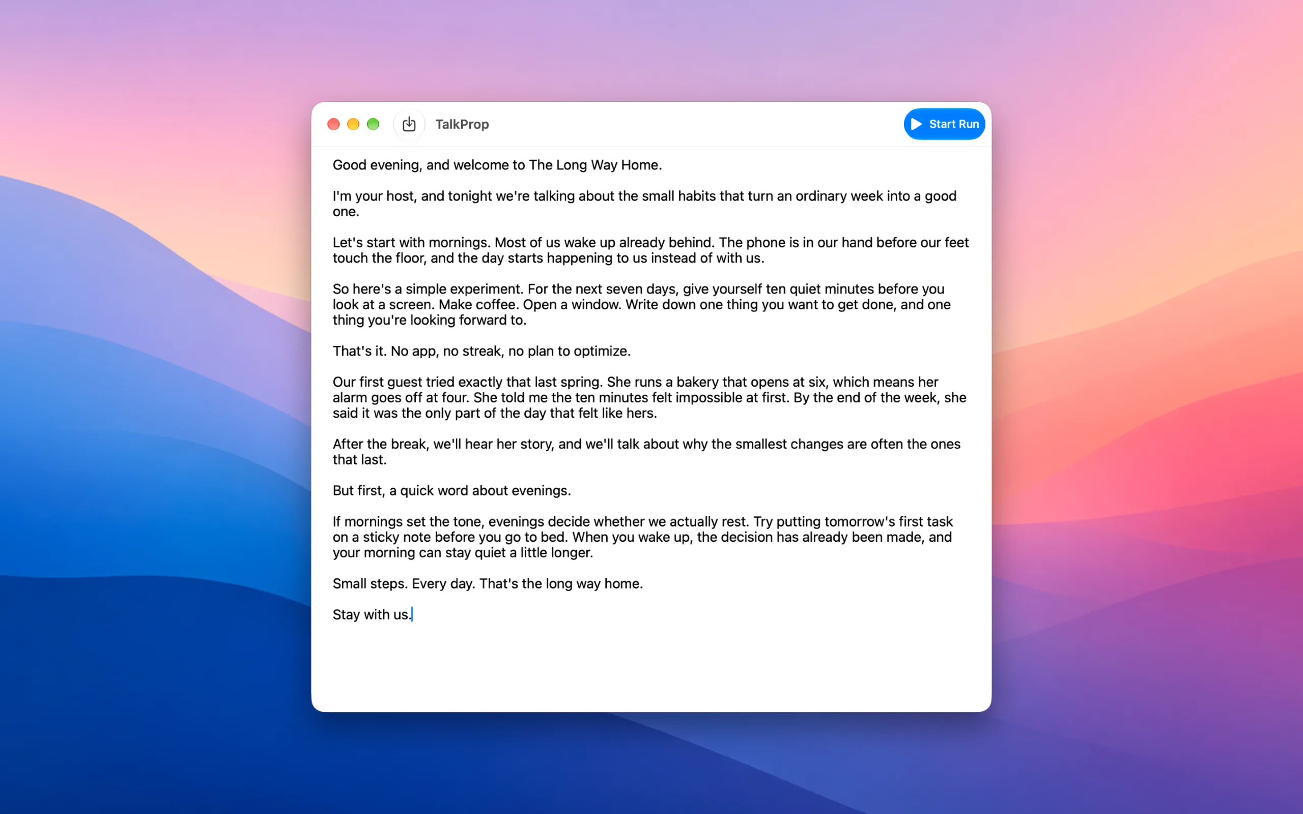 TalkProp's edit window: a plain-text script with Import and Start Run in the toolbar