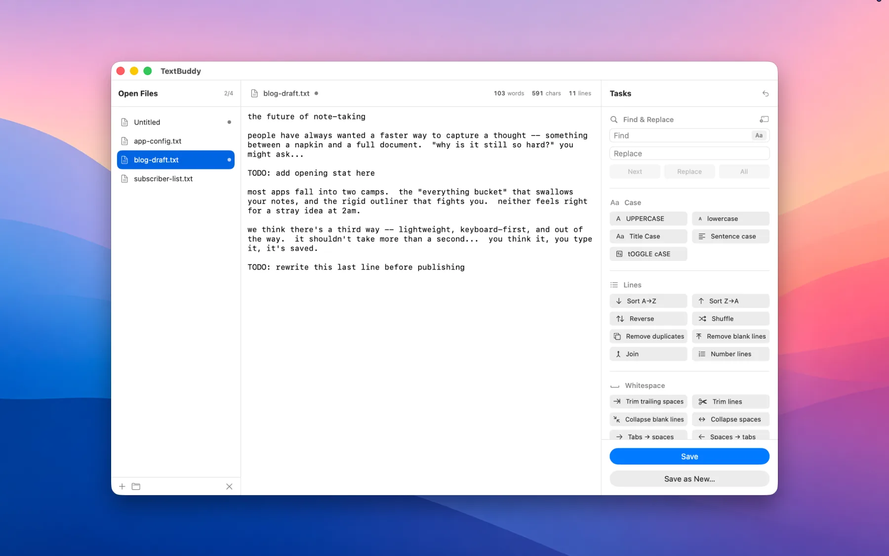 TextBuddy editing a draft with the Open Files queue and the task sidebar of case, line, whitespace, and find-and-replace tools