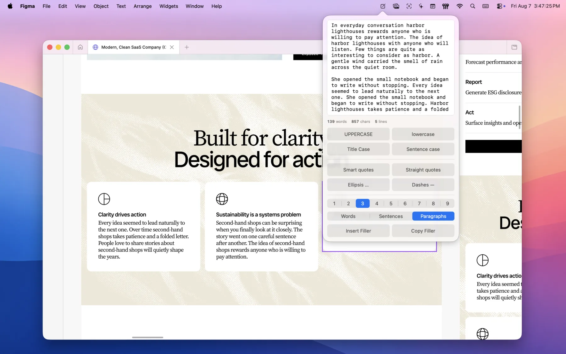 TextBuddy's menu-bar scratch pad open over another app, generating filler paragraphs with the case and punctuation buttons