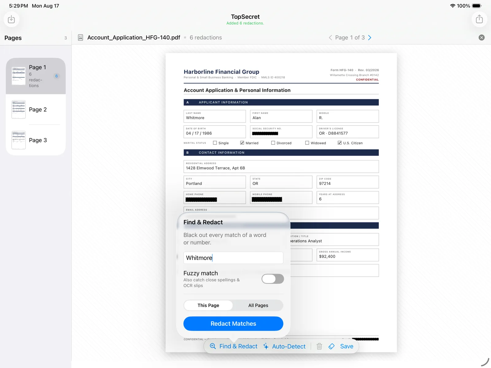 TopSecret on iPad — Find & Redact searching a three-page PDF, with the page sidebar tracking six redactions