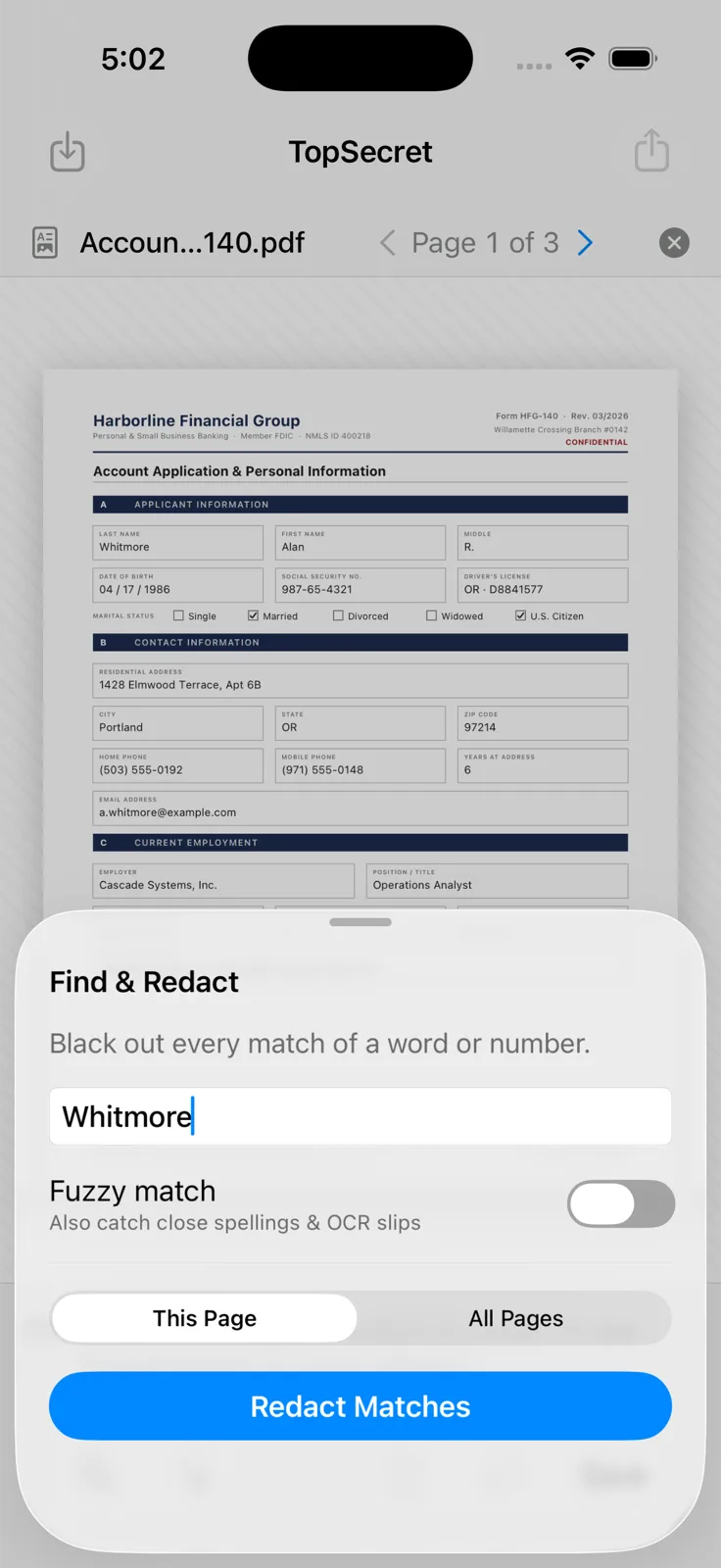 TopSecret on iPhone — the Find & Redact sheet over a PDF, with a fuzzy-match toggle and This Page / All Pages scope
