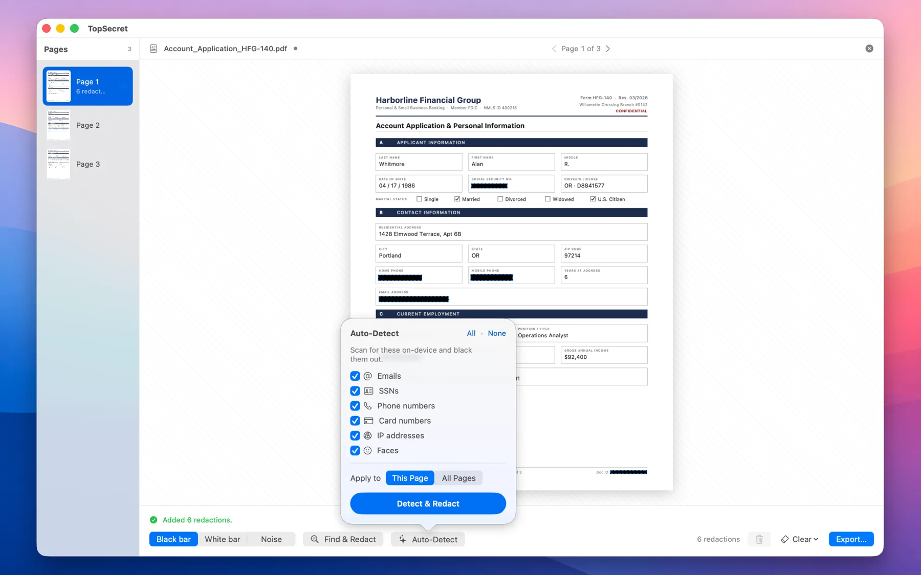 TopSecret auto-detecting and blacking out the sensitive fields of a form
