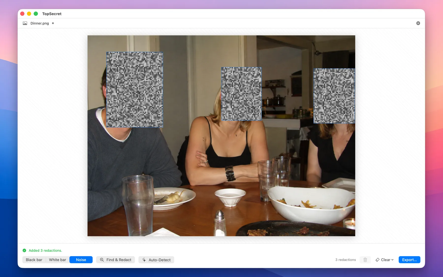 TopSecret scrambling the faces in a photo with the noise style