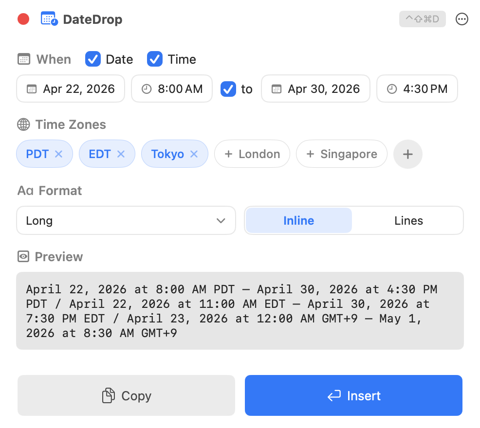 DateDrop app window showing date and time zone selection