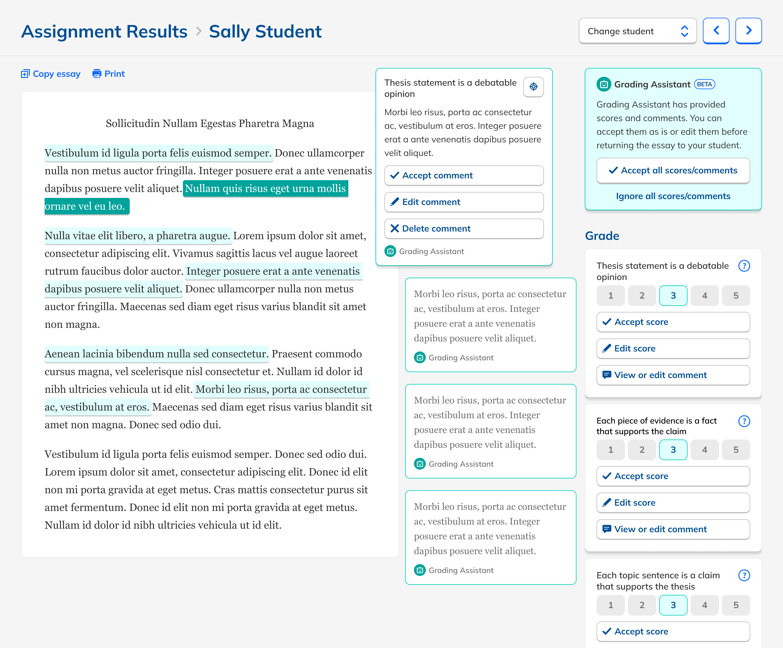 Grading Assistant interface showing rubric-aligned AI feedback